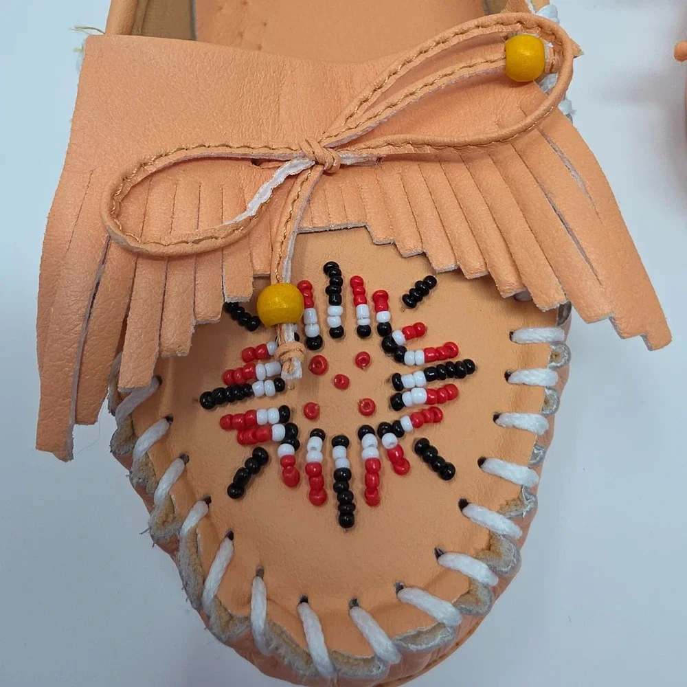 Designer Moccasin Loafer Shoes Womens 9M Apricot Leather Beaded Low Top Slip On - Picture 5 of 8